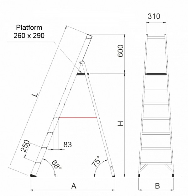 Ladder A one-sided V026 with a shelf