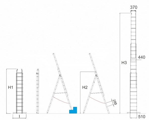 Extendable three-part A ladder V047 with base